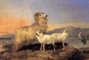 A Ewe with Lambs and A Heron Beside A Loch, Richard ansdell,R.A.